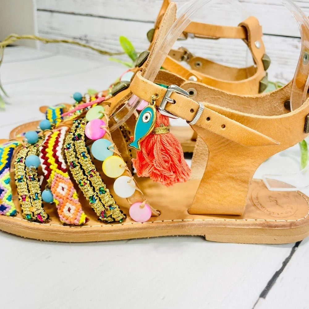 ELINA LINARDAKI Sandals - Beige  Ankle Strap Charm Flat Sandals - Picture 5 of 12